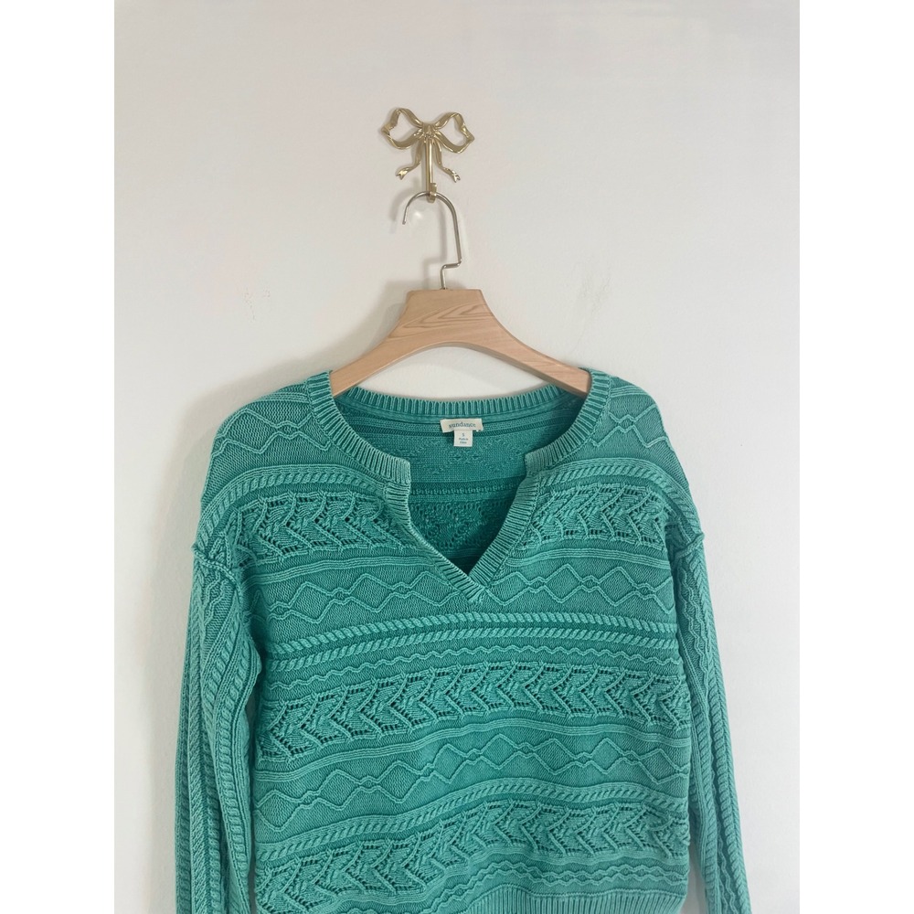 Sundance Womens Teal Green Pointelle Cable Knit Split V-Neck Cotton Sweater S - Picture 4 of 6